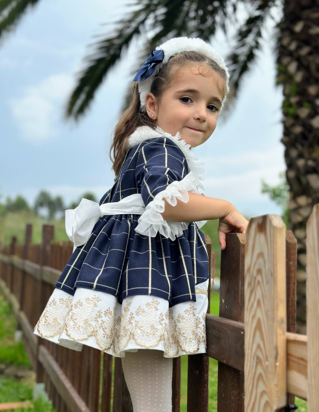 SONATA PREORDER (4-6wk turnaround) - Navy golden lace fur puffball dress IN25-13