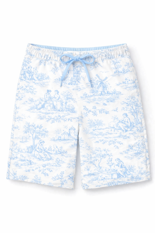 LPP EXCLUSIVES luxe blue French toile boys swim shorts - End March Delivery.