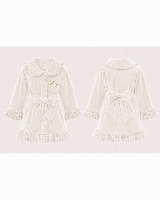 LPP EXCLUSIVE ivory velvet girls frilly bow dressing gown - End November delivery