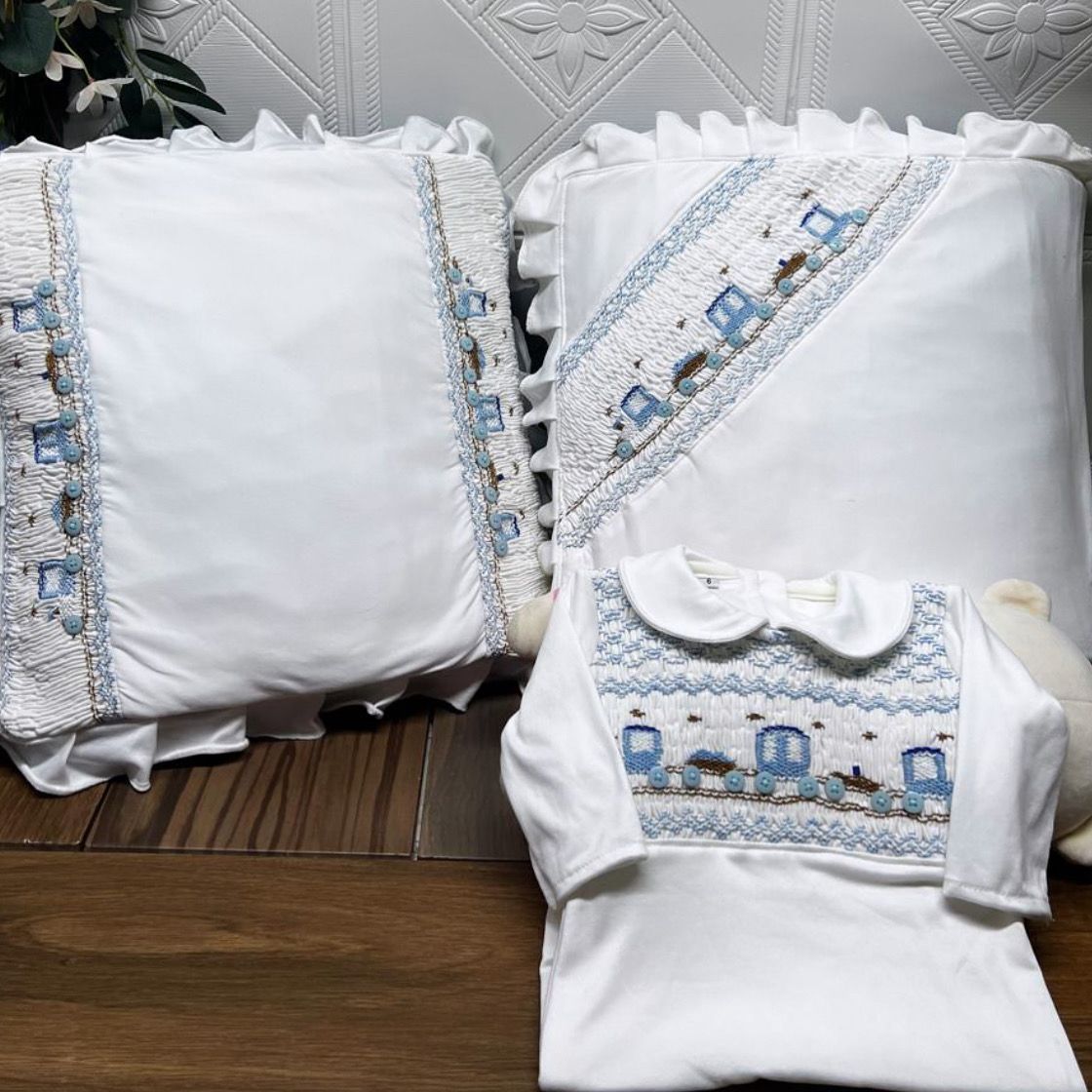 Smocked sleepsuit, pillow & blanket set - HANDMADE IN USA 6-8WK TURNAROUND