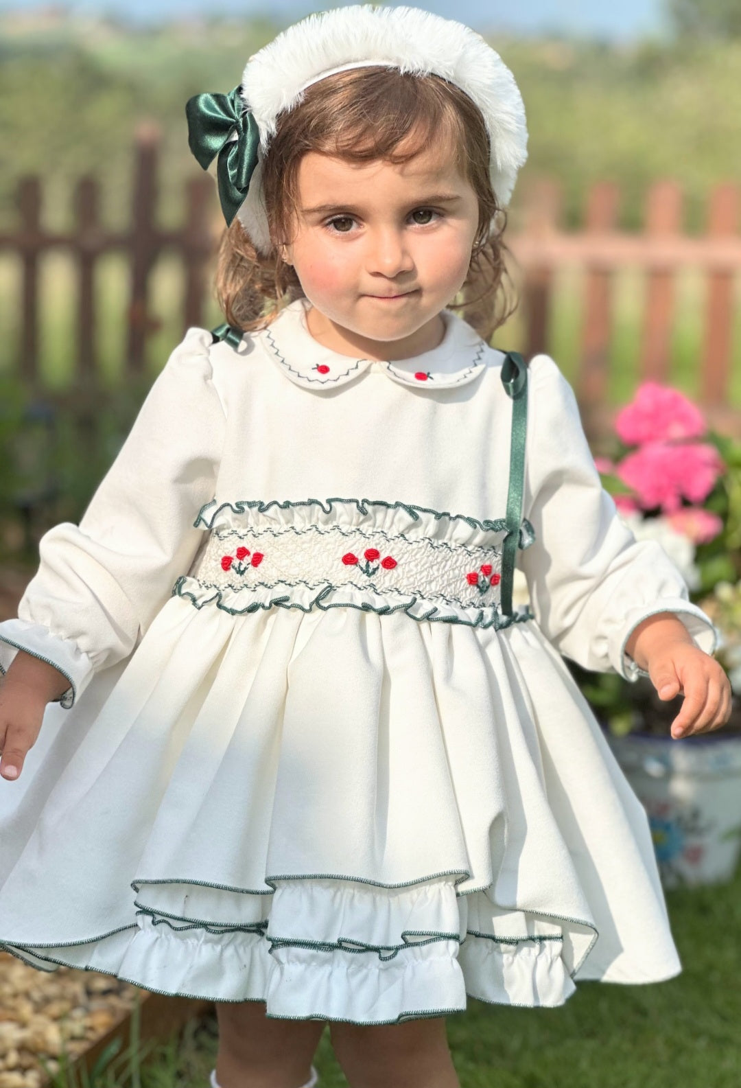 SONATA PREORDER (4-6wk turnaround) - Green detail smock puffball dress IN25-10