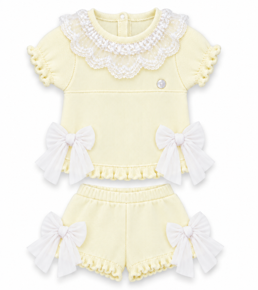 GRANLEI SS27 PREORDER MARCH DELIVERY - Lemon knitted lace bow girls shorts set