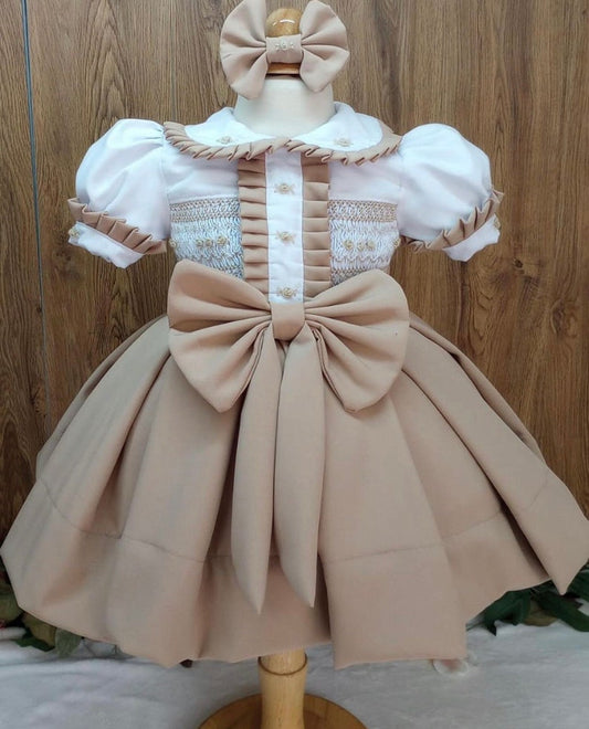 Smocked pleated bow dress - HANDMADE IN USA 6-8WK TURNAROUND
