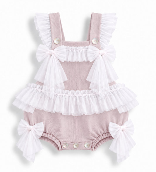 GRANLEI SS27 PREORDER MARCH DELIVERY - Vintage pink knitted tulle bow girls dungarees